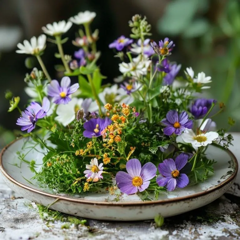 Essbare Wiesenblüten auf einem Teller